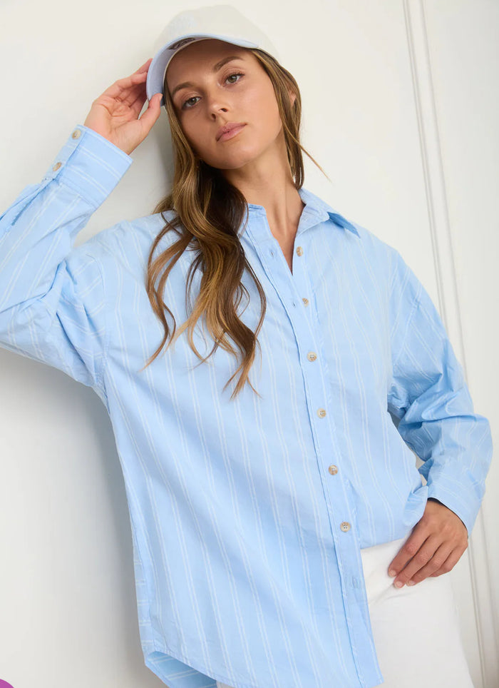 BLUE STRIPE OVERSIZED COLLARED LONG SLEEVE SHIRT