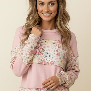 Round Neck Floral Print Color Block Pullover