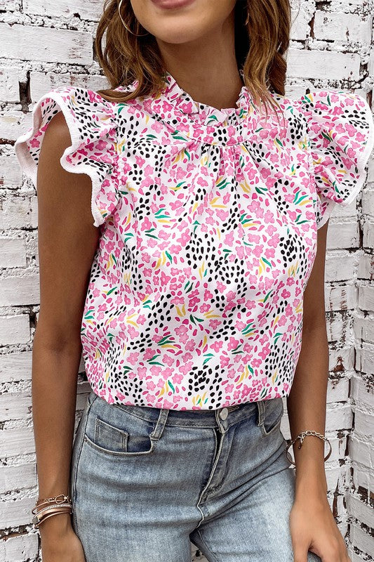 Pink Multicolor Abstract Print Flutter Sleeves Top