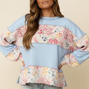 Round Neck Floral Print Color Block Pullover