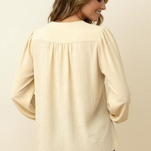 Cream Solid V Neck Pin Tuck Buttoned Woven Blouse