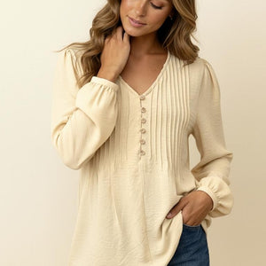 Cream Solid V Neck Pin Tuck Buttoned Woven Blouse