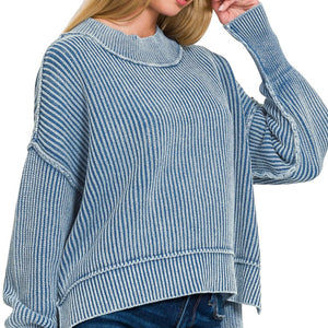 Blue Washed Side Slit Oversized Cropped Sweater