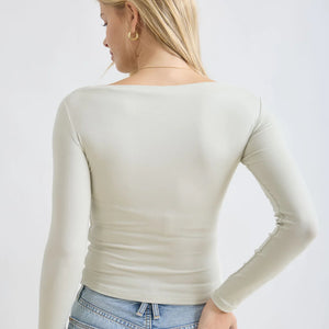 BOAT NECK PINTUCK DETAIL LONG SLEEVE KNIT TOP, IVORY
