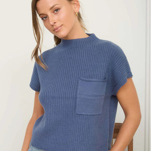 DENIM BLUE MOCK NECK POCKET DETAIL SHORT SLEEVE KNIT SWEATER