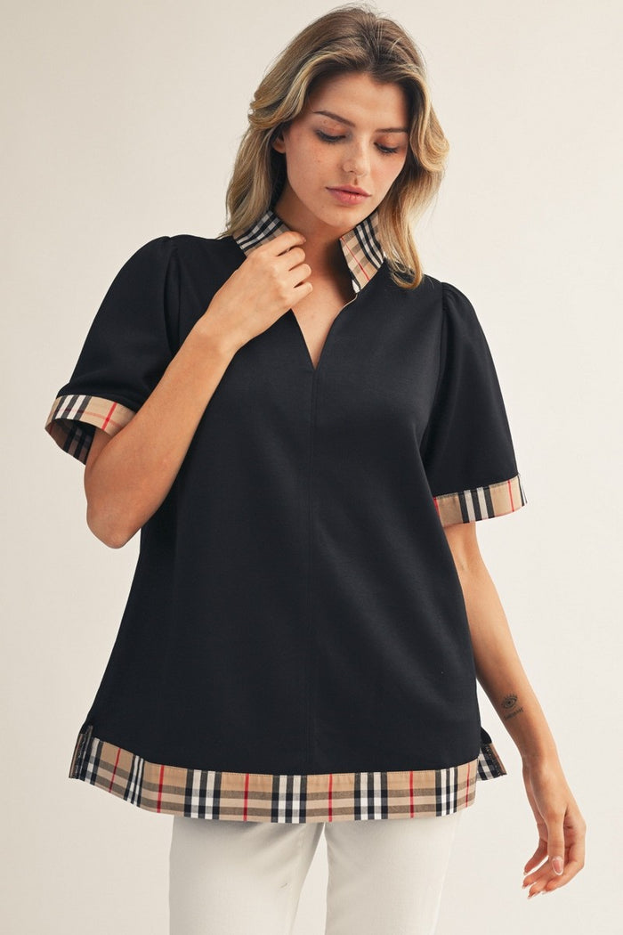 Black Plaid Contrast Accent Solid Top