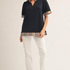 Black Plaid Contrast Accent Solid Top