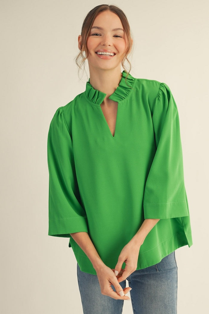 Ruffled Neck Crinkle Solid Top