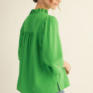 Ruffled Neck Crinkle Solid Top