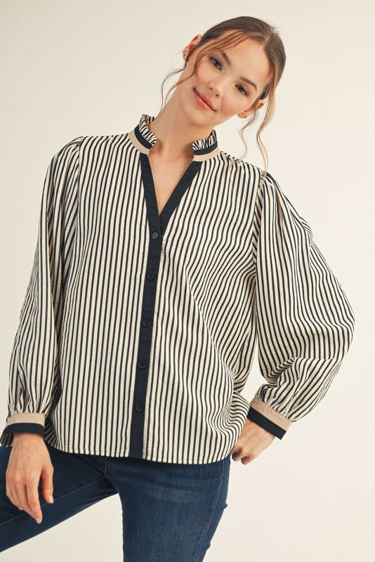 Black Ruffled Neck Button Down Stripe Top