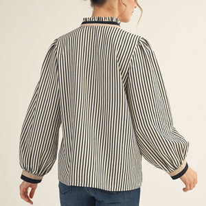 Black Ruffled Neck Button Down Stripe Top