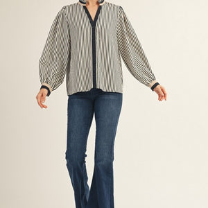 Black Ruffled Neck Button Down Stripe Top