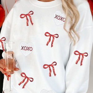 Sequin Ribbon Bow Xoxo Heart Pullover Sweatshir