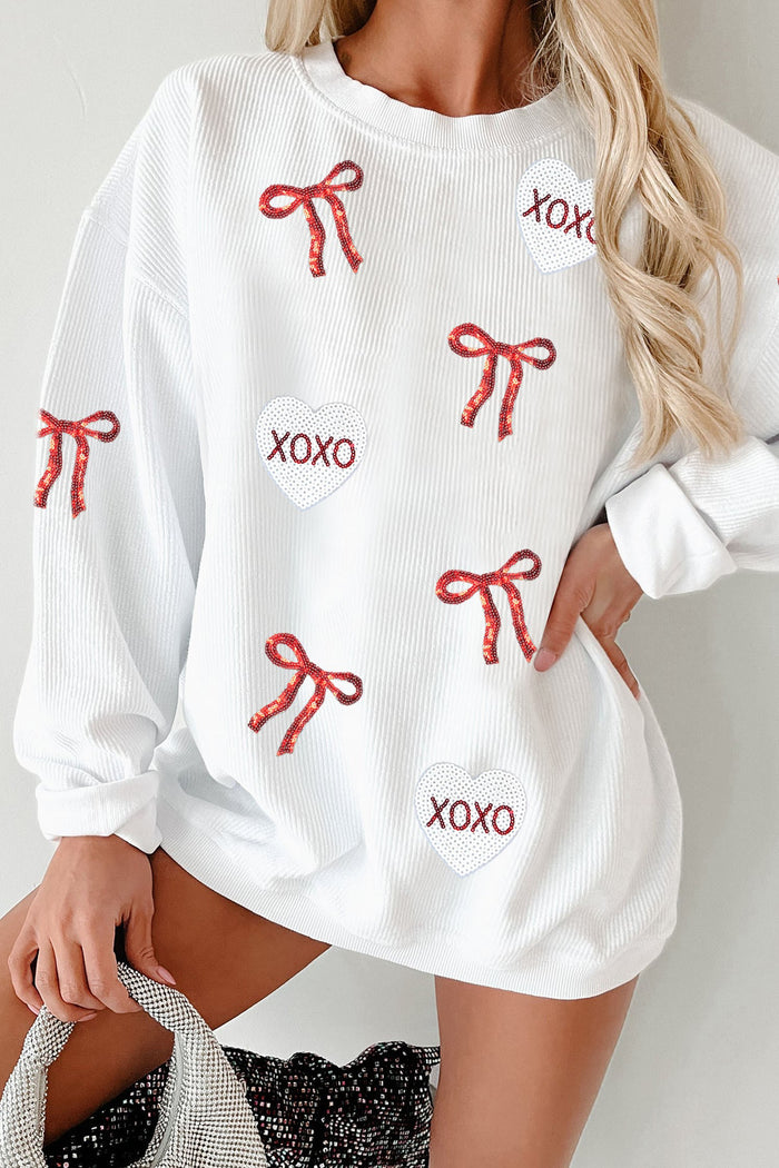Sequin Ribbon Bow Xoxo Heart Pullover Sweatshir