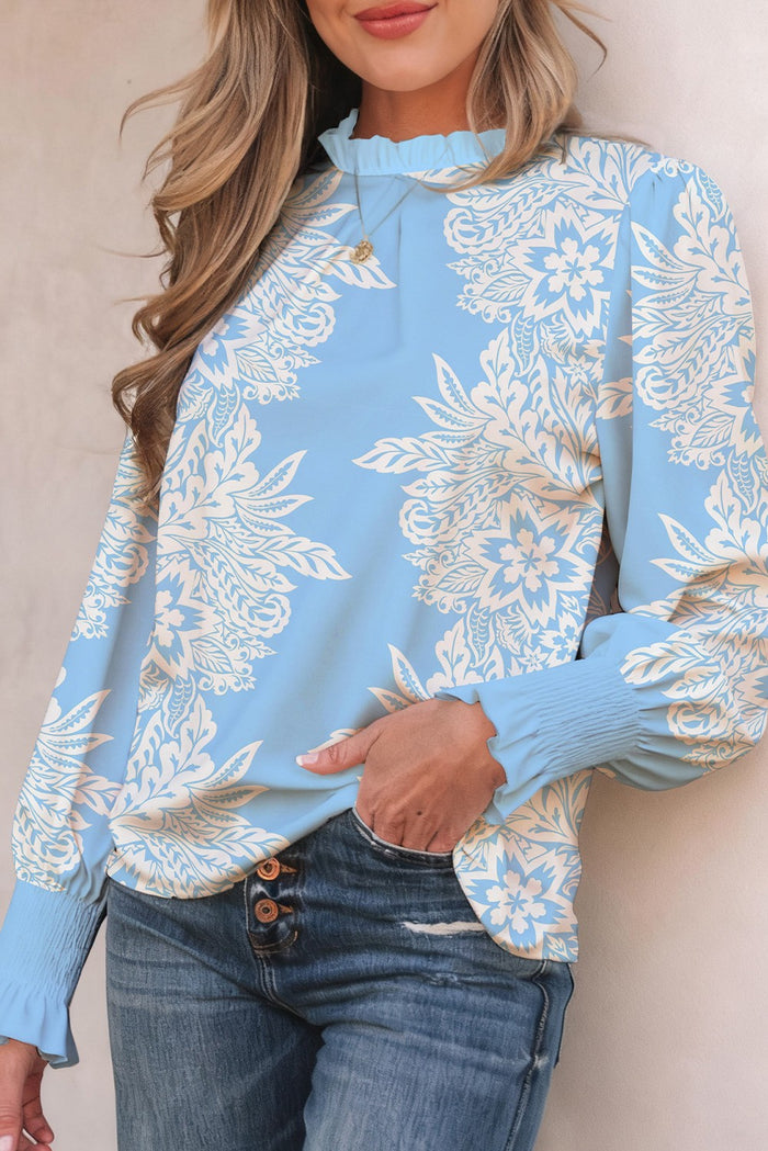 Blue Ruffled Collar Puff Sleeve Flower Blouse