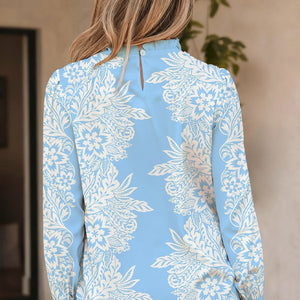 Blue Ruffled Collar Puff Sleeve Flower Blouse