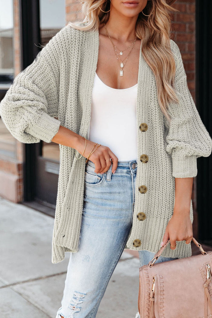 Gray Button Front V Neck Chunky Cardigan Sweater