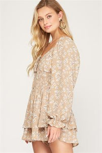 LONG SLEEVE WOVEN PRINT SMOCKED ROMPER TAUPE