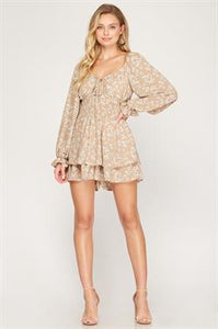 LONG SLEEVE WOVEN PRINT SMOCKED ROMPER TAUPE