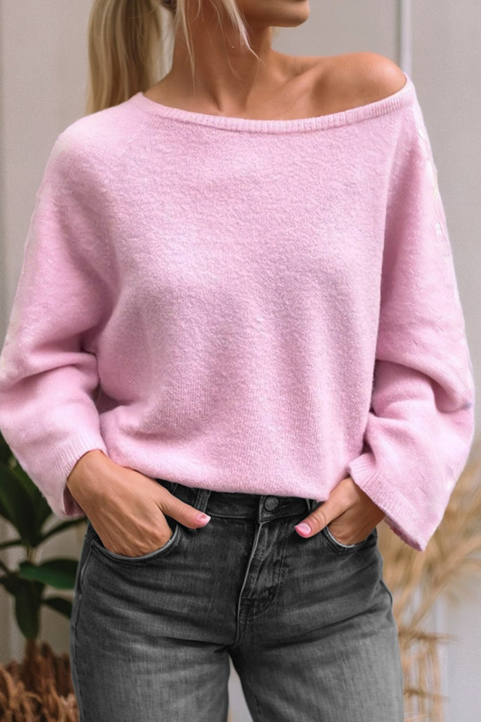 Pink Solid Knit Loose Bracelet Sleeve Dolman Sweater