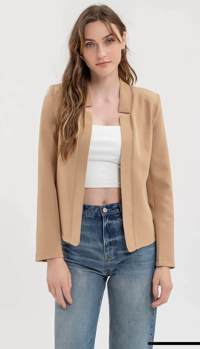 TAN NOTCH COLLAR LONG SLEEVE LONG LINE BLAZER