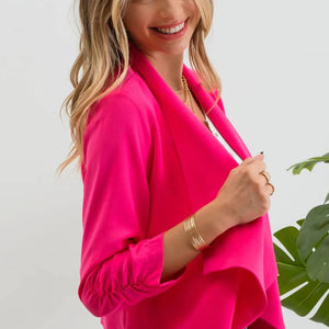 HOT PINK 3/4 ROUCHED SLEEVE BLAZER