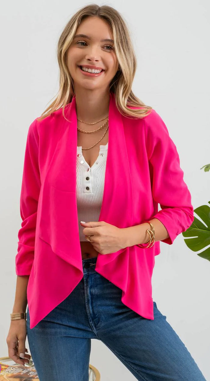HOT PINK 3/4 ROUCHED SLEEVE BLAZER