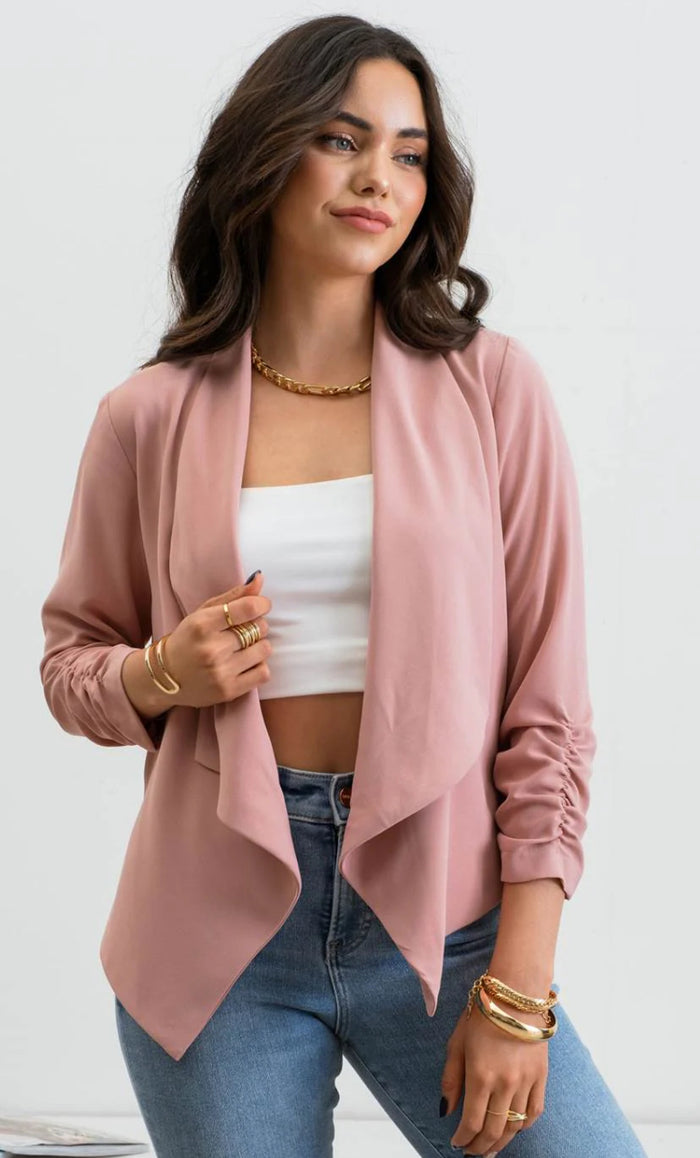 DUSTY PINK DRAPED COLLAR 3/4 SLEEVE ROUCHED SLEEVE BLAZER