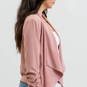 DUSTY PINK DRAPED COLLAR 3/4 SLEEVE ROUCHED SLEEVE BLAZER