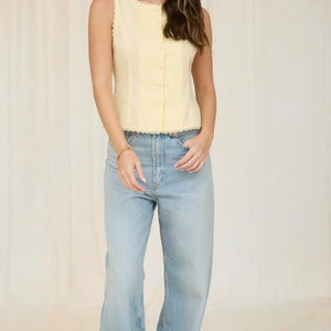 BUTTER YELLOW SCALLOP LACE TRIM BUTTON DOWN SLEEVELESS VEST TOP