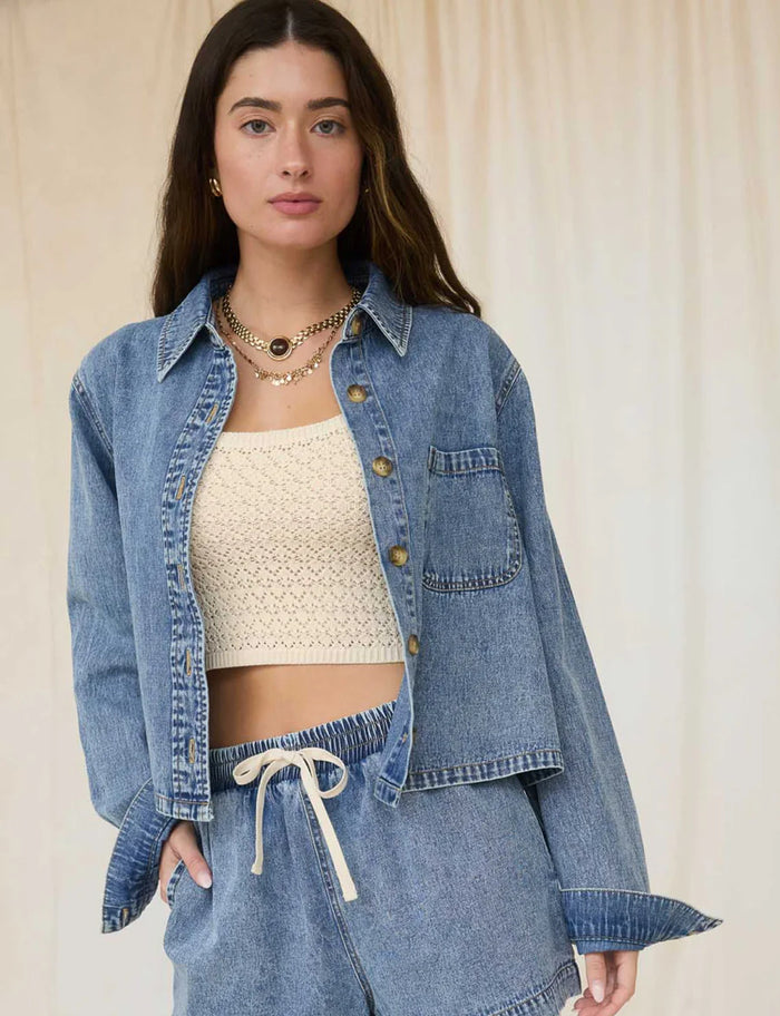 ACID WASH COLLARED LONG SLEEVE BOXY DENIM SHIRT