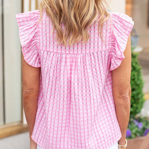 Ruffle Floral Embroidered Checker Top