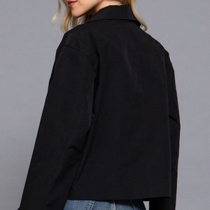 BLACK LONG SLEEVE FRONT DOUBLE BREASTED SHORT TRENCH JACKET