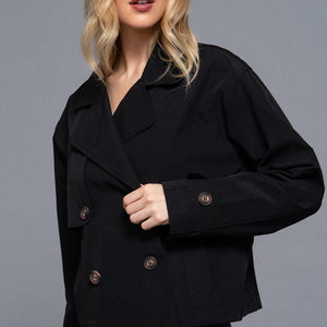 BLACK LONG SLEEVE FRONT DOUBLE BREASTED SHORT TRENCH JACKET