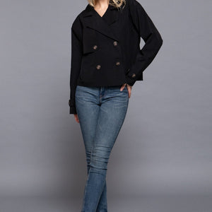BLACK LONG SLEEVE FRONT DOUBLE BREASTED SHORT TRENCH JACKET