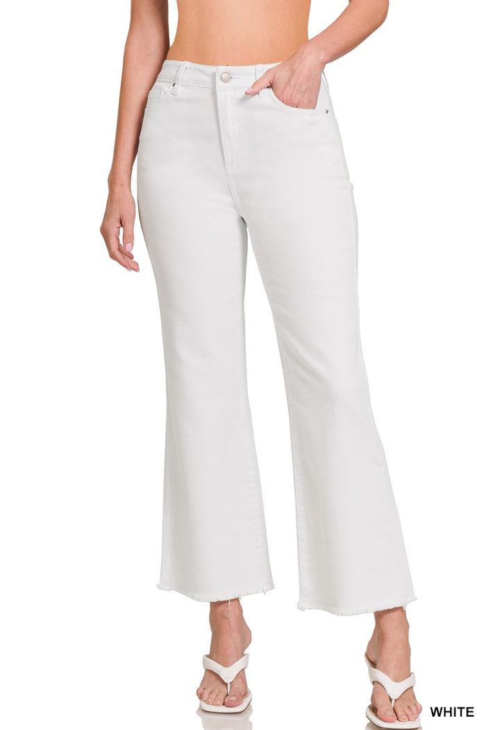 White Acid Washed High Waist Frayed Hem Bootcut Pants
