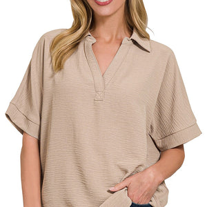 Woven Airflow Collared V-neck Short Sleeve Top, 2 colors