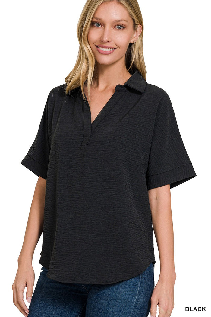 Woven Airflow Collared V-neck Short Sleeve Top, 2 colors