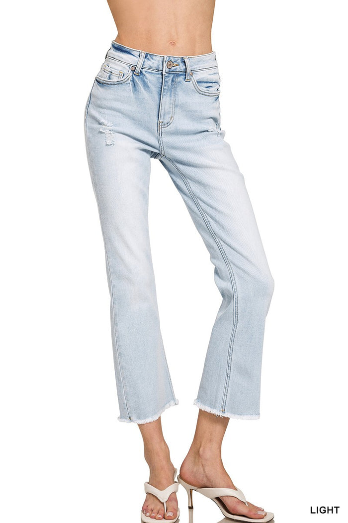 Light wash High Rise Straight Raw Hem Cropped Denim Pants
