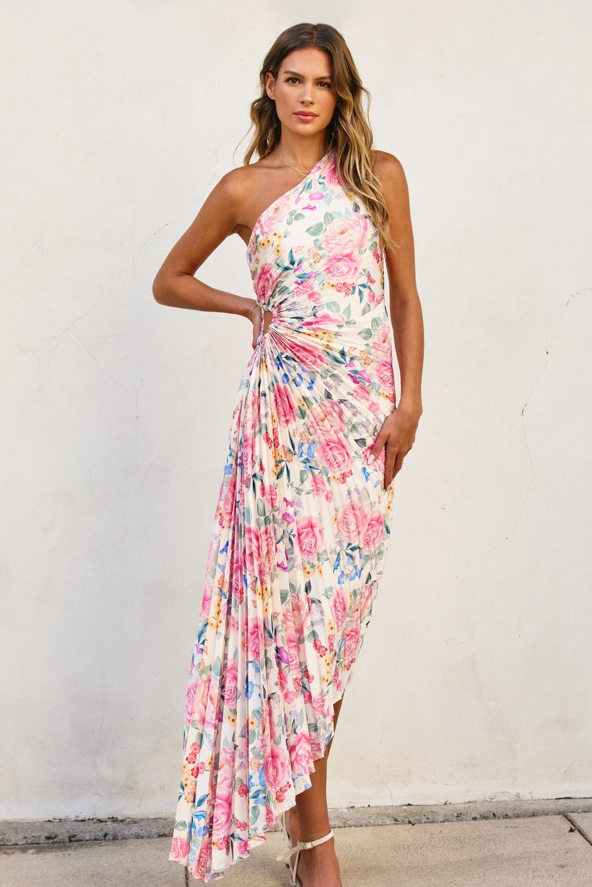 Floral Asymmetrical Pleated Maxi Dress