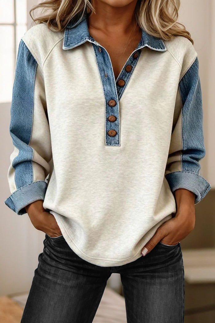 Denim Buttoned Polo Collar Long Sleeve Top