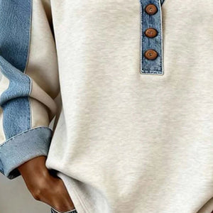 Denim Buttoned Polo Collar Long Sleeve Top