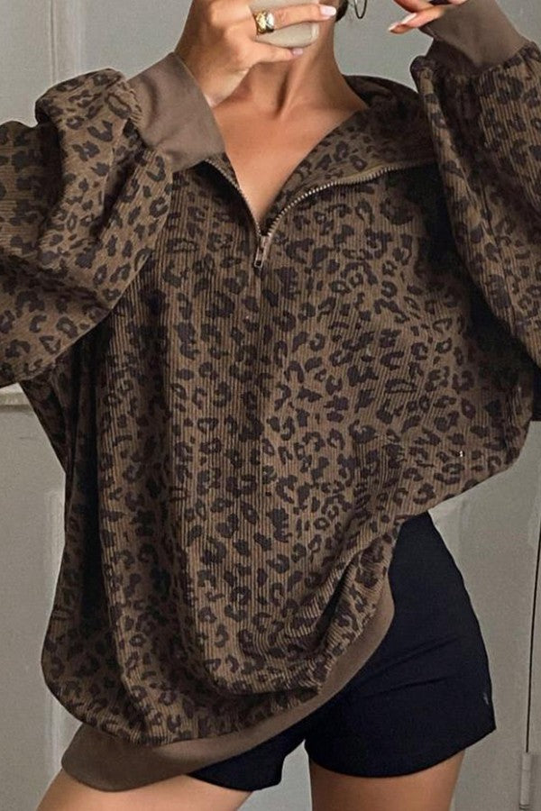 Leopard Print Quarter Zip Corduroy Sweatshirt