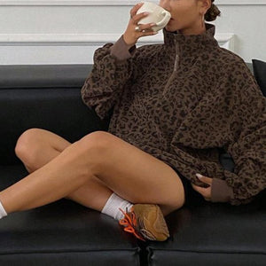 Leopard Print Quarter Zip Corduroy Sweatshirt
