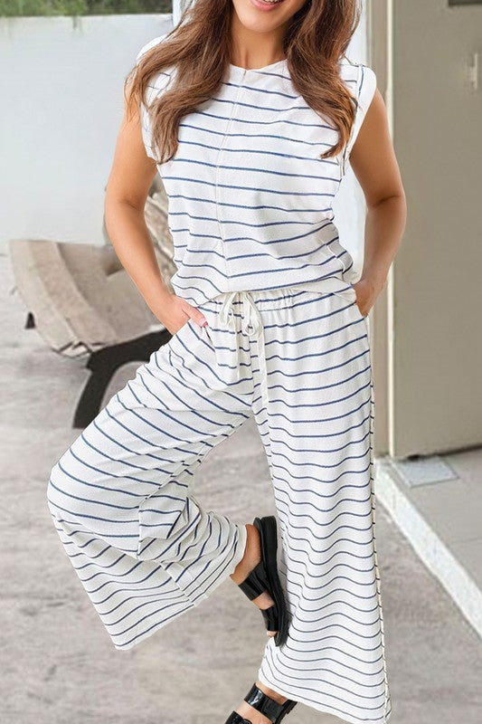 Casual Striped Tee And Wide Leg Pants Set