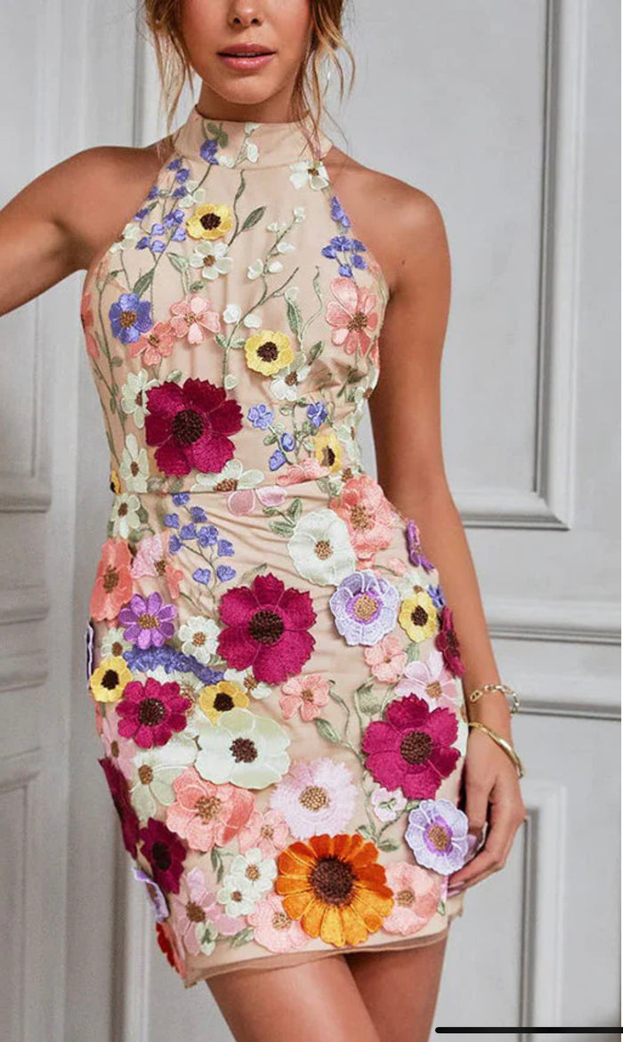 Halter embroidered floral dress
