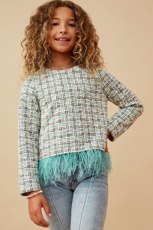 Girls feather trimmed tweed top