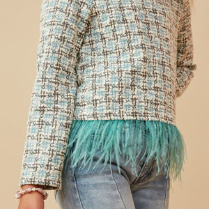 Girls feather trimmed tweed top
