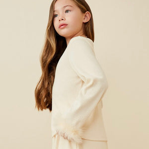 Girls feather trimmed ivory top