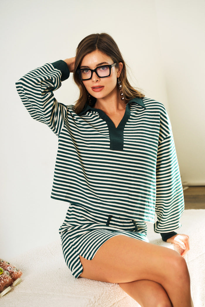 Green Striped Collared Top And Skirt Set